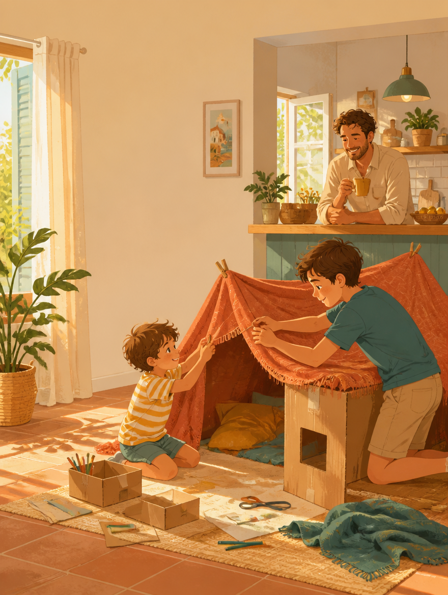 Deux enfants construisent une cabane dans le salon pendant qu'un parent sourit avec son café